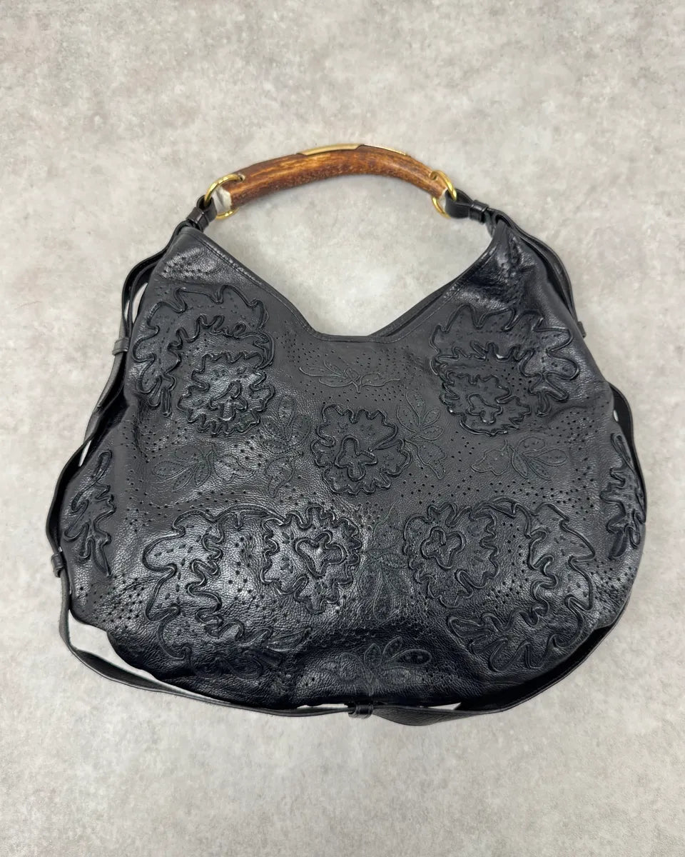 2000s Yves Saint Laurent Mombasa Embossed Flowers Black Leather Horn Handle Bag cISIIiZ 0