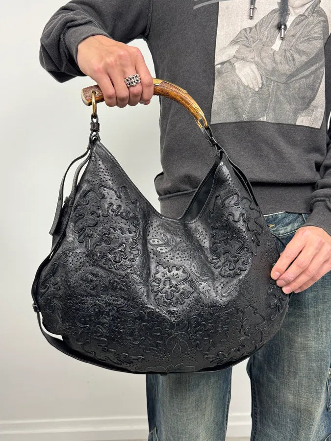 2000s Yves Saint Laurent Mombasa Embossed Flowers Black Leather Horn Handle Bag cISIIiZ 1