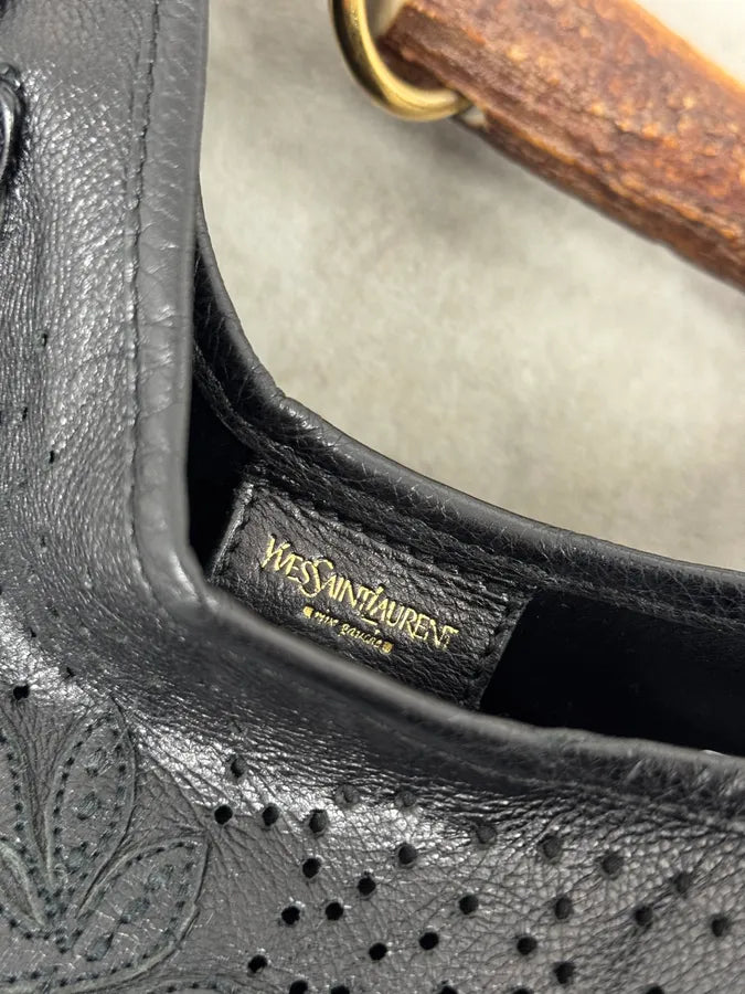 2000s Yves Saint Laurent Mombasa Embossed Flowers Black Leather Horn Handle Bag cISIIiZ 11