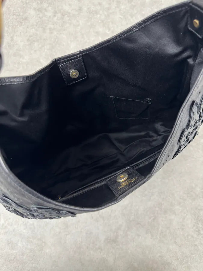 2000s Yves Saint Laurent Mombasa Embossed Flowers Black Leather Horn Handle Bag cISIIiZ 12