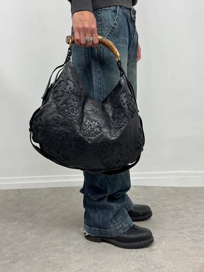 2000s Yves Saint Laurent Mombasa Embossed Flowers Black Leather Horn Handle Bag cISIIiZ 2