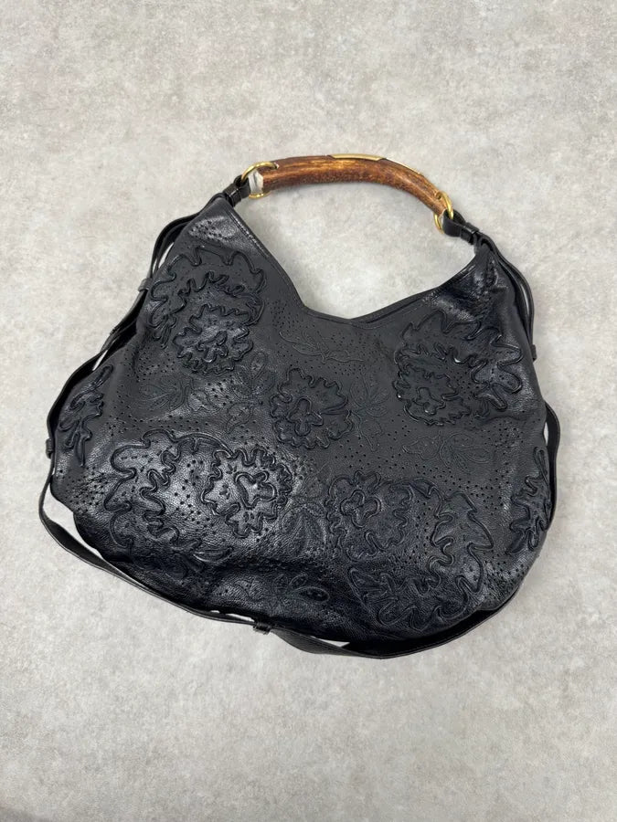 2000s Yves Saint Laurent Mombasa Embossed Flowers Black Leather Horn Handle Bag cISIIiZ 3