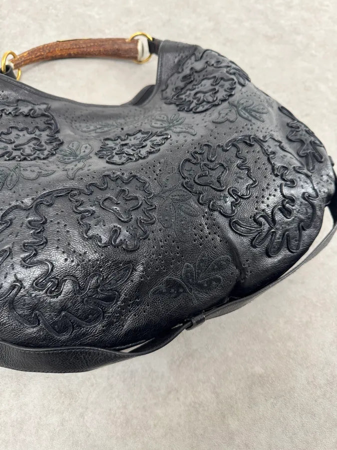 2000s Yves Saint Laurent Mombasa Embossed Flowers Black Leather Horn Handle Bag cISIIiZ 4