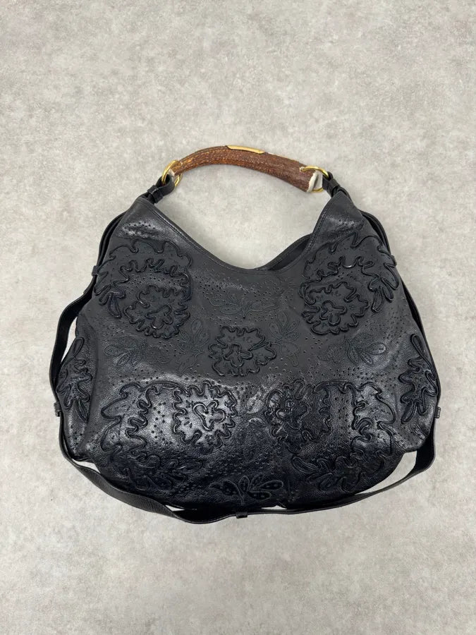 2000s Yves Saint Laurent Mombasa Embossed Flowers Black Leather Horn Handle Bag cISIIiZ 5