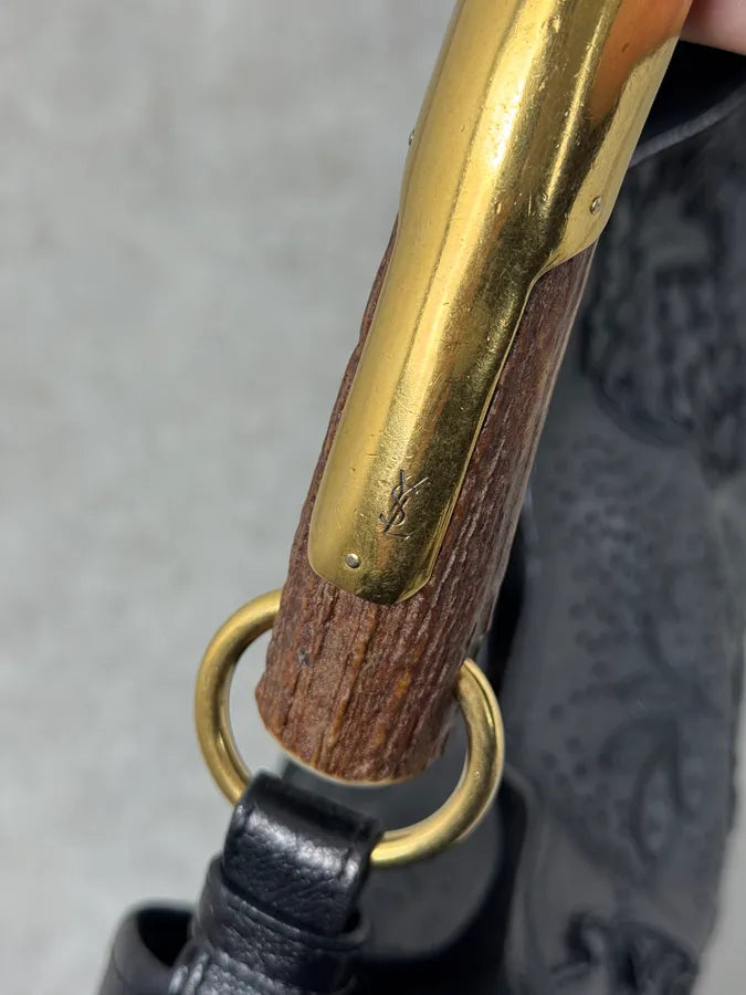 2000s Yves Saint Laurent Mombasa Embossed Flowers Black Leather Horn Handle Bag cISIIiZ 6