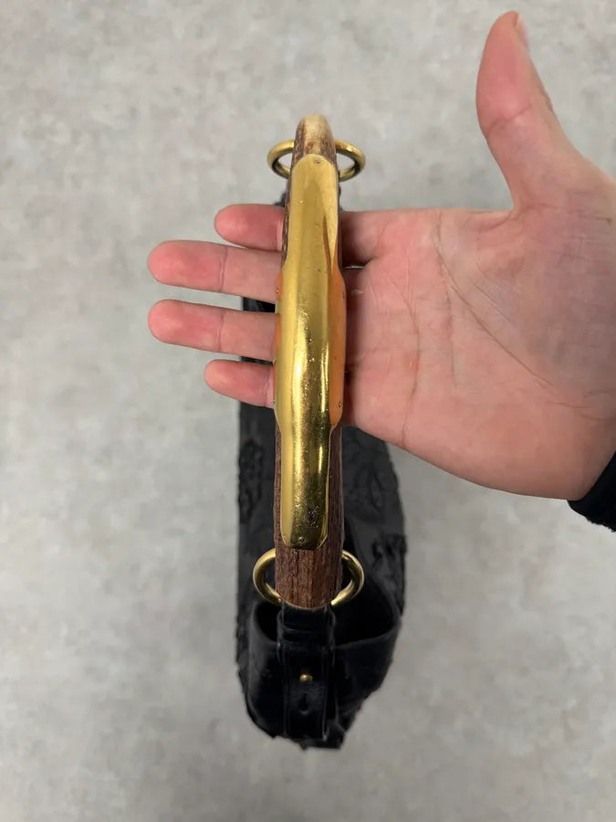 2000s Yves Saint Laurent Mombasa Embossed Flowers Black Leather Horn Handle Bag cISIIiZ 7