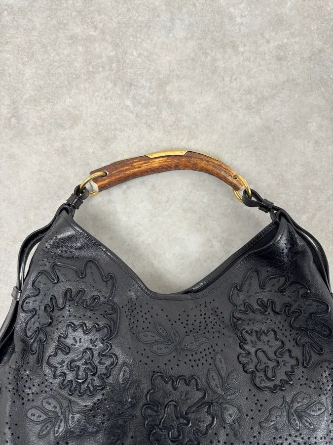 2000s Yves Saint Laurent Mombasa Embossed Flowers Black Leather Horn Handle Bag cISIIiZ 8