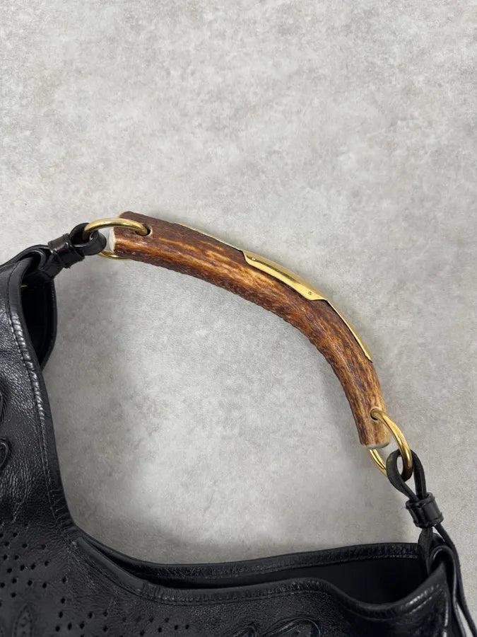 2000s Yves Saint Laurent Mombasa Embossed Flowers Black Leather Horn Handle Bag cISIIiZ 9