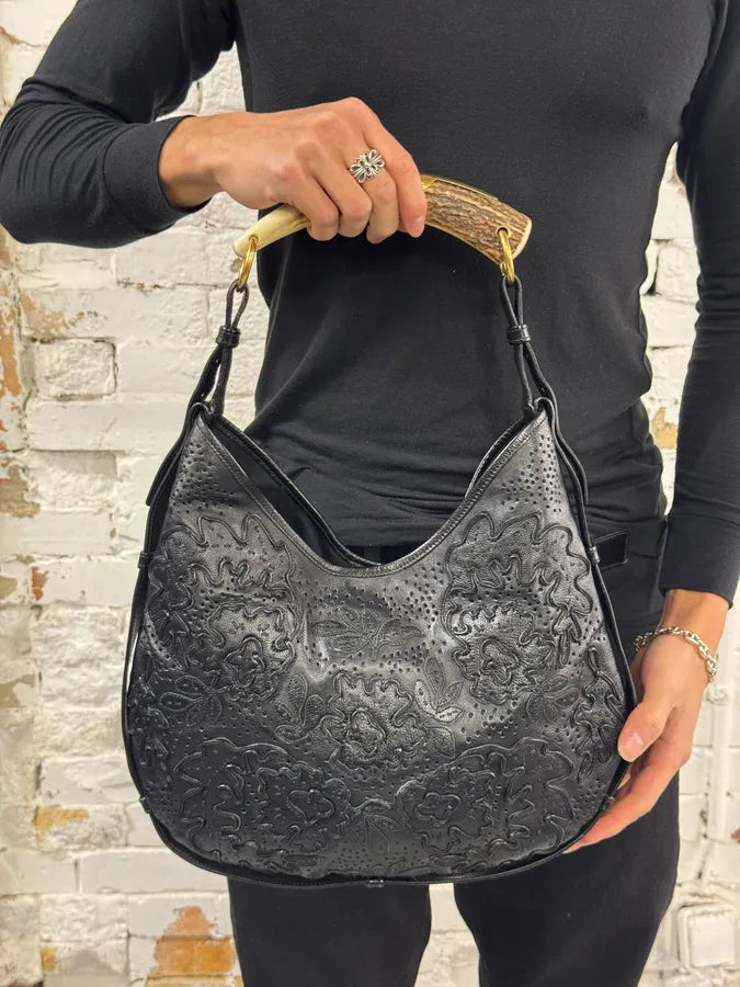 2000s Yves Saint Laurent Mombasa Embossed Flowers Black Leather Horn Handle Bag eatFIJZ 1