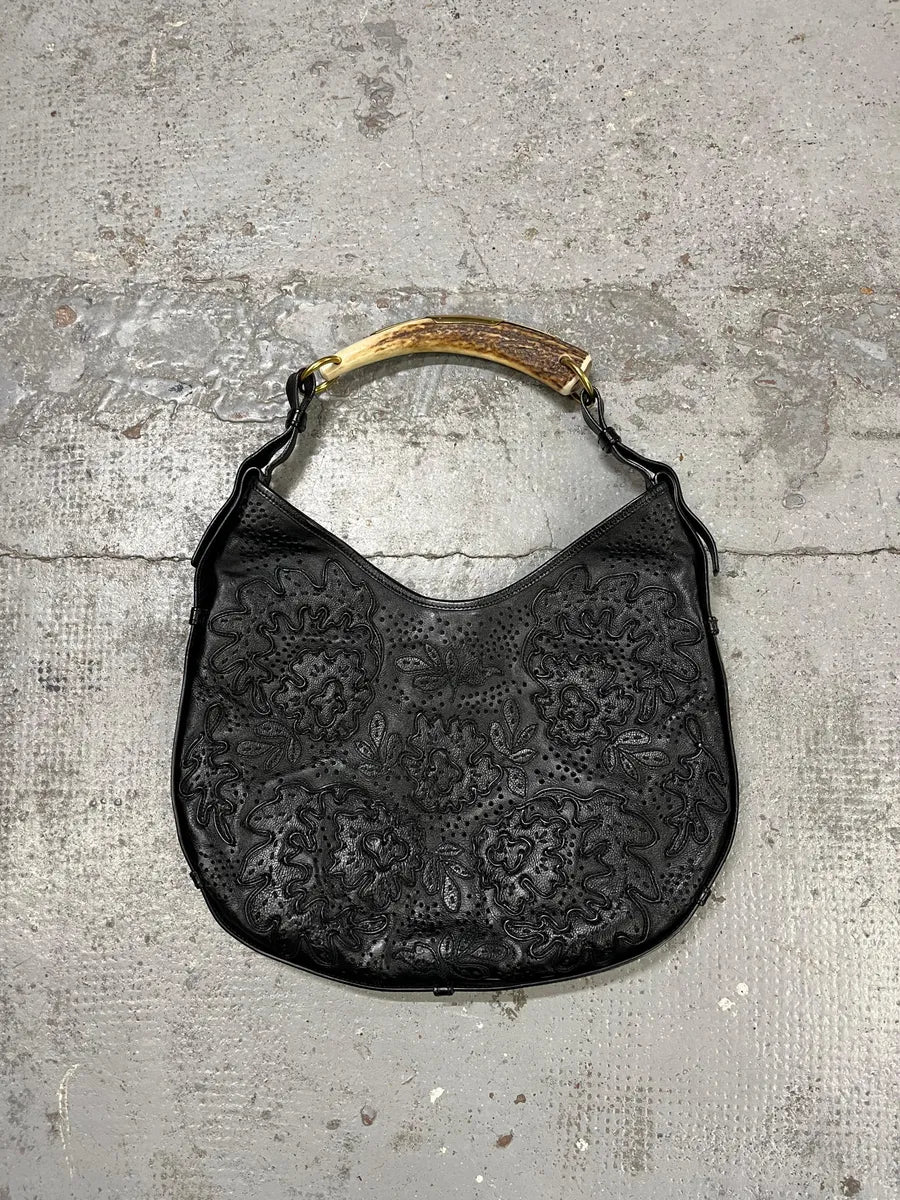 2000s Yves Saint Laurent Mombasa Embossed Flowers Black Leather Horn Handle Bag eatFIJZ 4