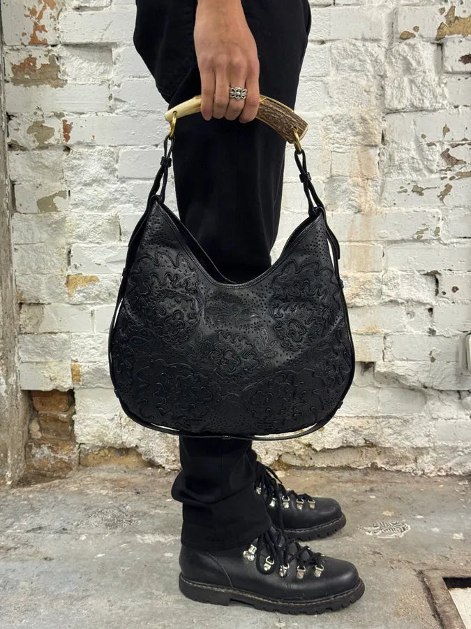 2000s Yves Saint Laurent Mombasa Embossed Flowers Black Leather Horn Handle Bag eatFIJZ 8