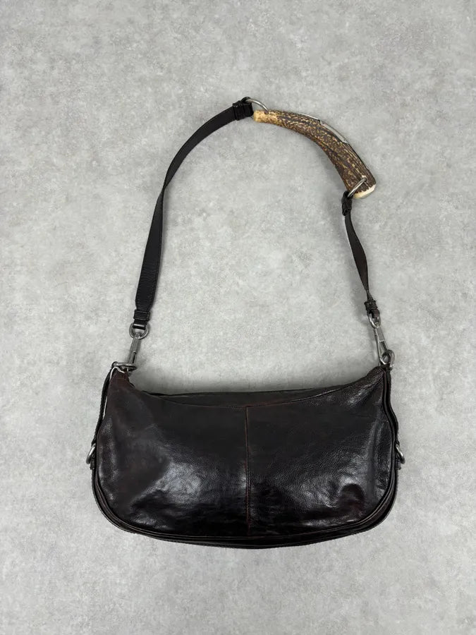 2000s Yves Saint Laurent Mombasa Organic Horn Brown Leather Crossbody Bag bMUmHkh 4