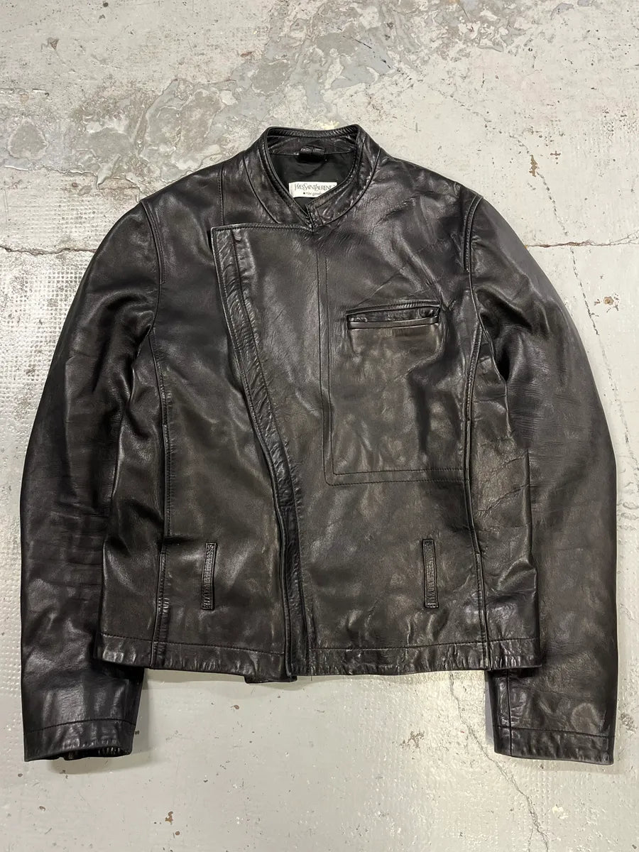 AW2001 Yves Saint Laurent Rive Gauche Asymmetrical Black Leather Jacket LOWiHOF 0