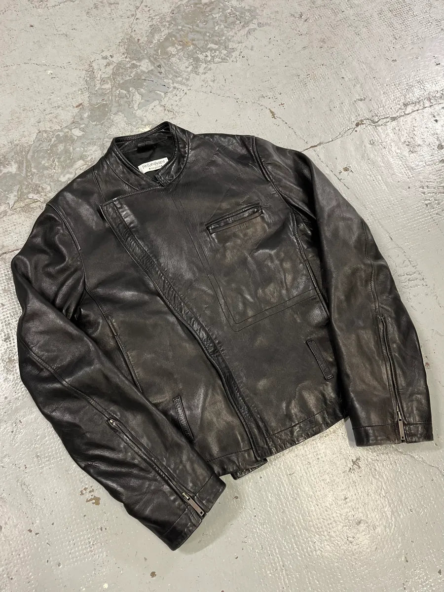 2000s Yves Saint Laurent Rive Gauche Asymmetrical Black Leather Jacket LOWiHOF 3