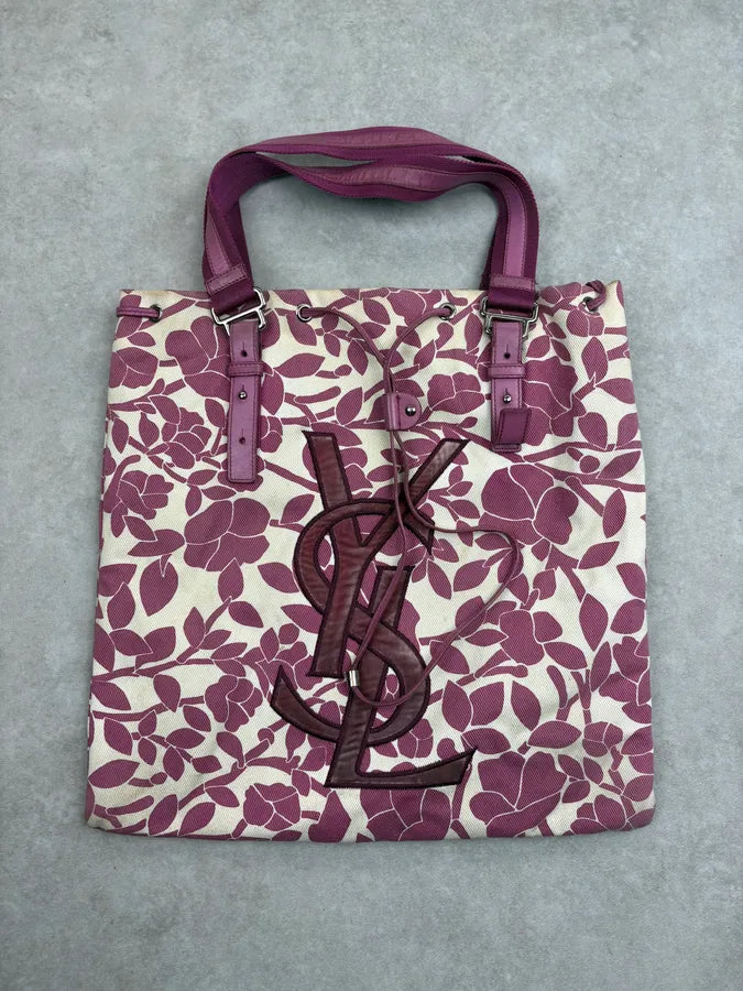 2000s Yves Saint Laurent Rose Floral Downtwon Canvas Handle Bag gzFaqDq 0