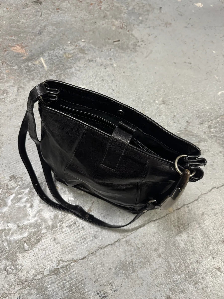 2000s Yves Saint Laurent Tom Ford Mombasa Dark Horn Handle Black Leather Shoulder Bag (OS) BIvSZDt 5