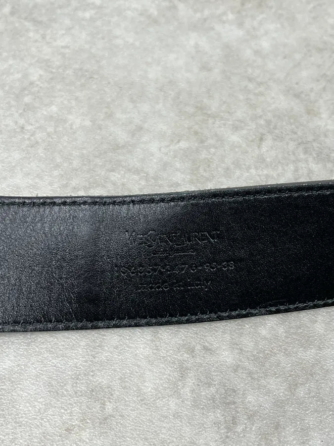 2000s Yves Saint Laurent YSL Logo Golden Buckle Grey Leather Belt wSwGsev 7