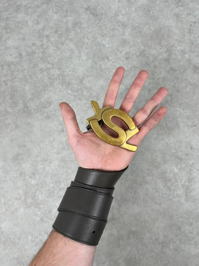 2000s Yves Saint Laurent YSL Logo Golden Buckle Grey Leather Belt wSwGsev 5