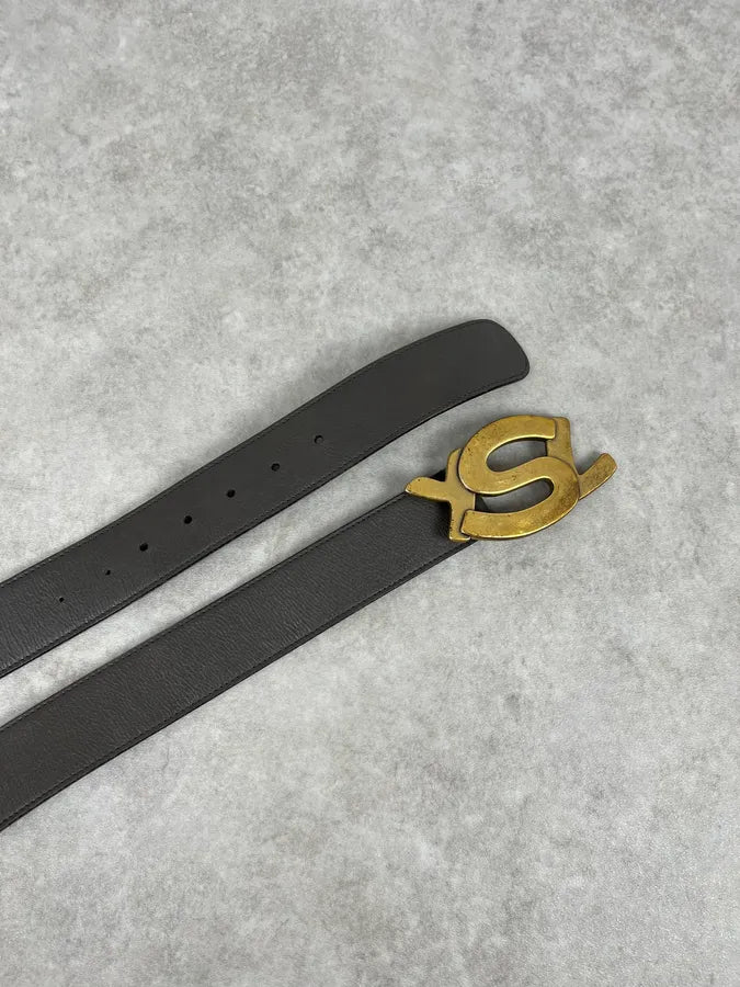 2000s Yves Saint Laurent YSL Logo Golden Buckle Grey Leather Belt wSwGsev 3