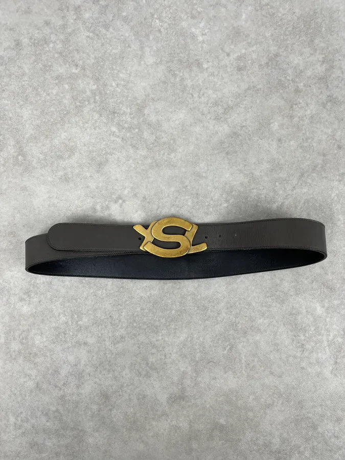 2000s Yves Saint Laurent YSL Logo Golden Buckle Grey Leather Belt wSwGsev 1