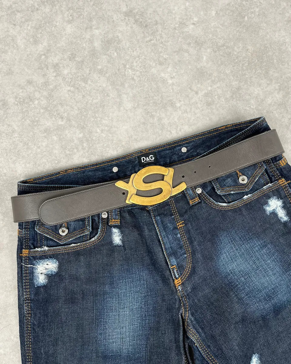 2000s Yves Saint Laurent YSL Logo Golden Buckle Grey Leather Belt wSwGsev 0