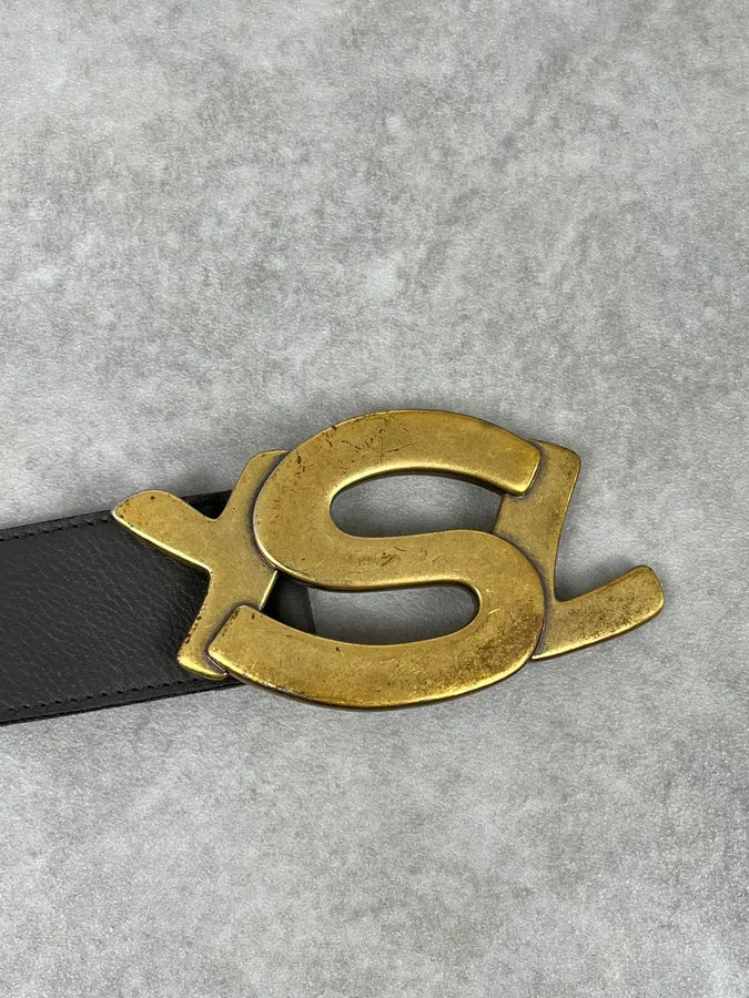 2000s Yves Saint Laurent YSL Logo Golden Buckle Grey Leather Belt wSwGsev 6