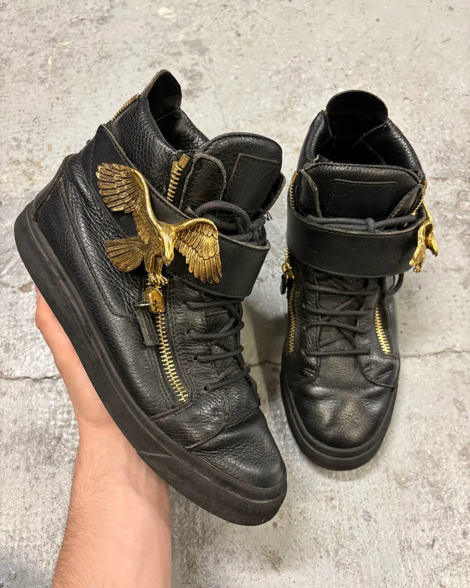2000s Zanotti Golden Eagle Zip Black Leather High Sneakers RjOtbbT 0