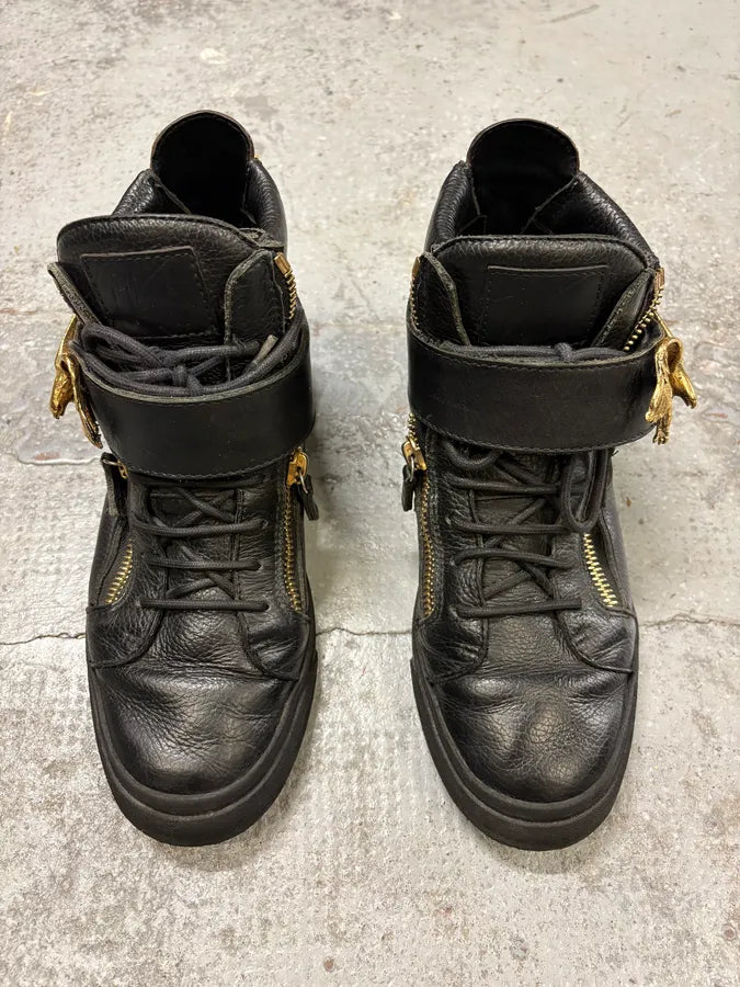 2000s Zanotti Golden Eagle Zip Black Leather High Sneakers RjOtbbT 1