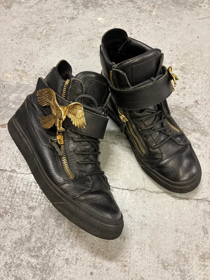 2000s Zanotti Golden Eagle Zip Black Leather High Sneakers RjOtbbT 3