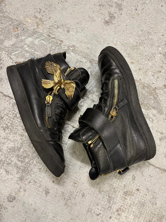 2000s Zanotti Golden Eagle Zip Black Leather High Sneakers RjOtbbT 5