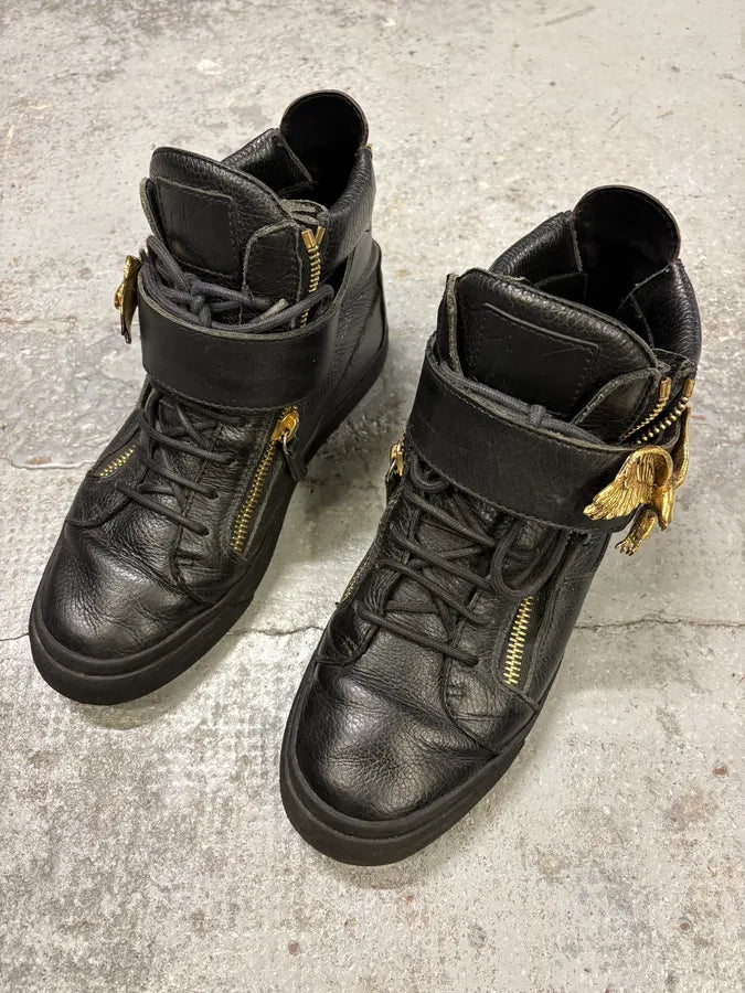 2000s Zanotti Golden Eagle Zip Black Leather High Sneakers RjOtbbT 2