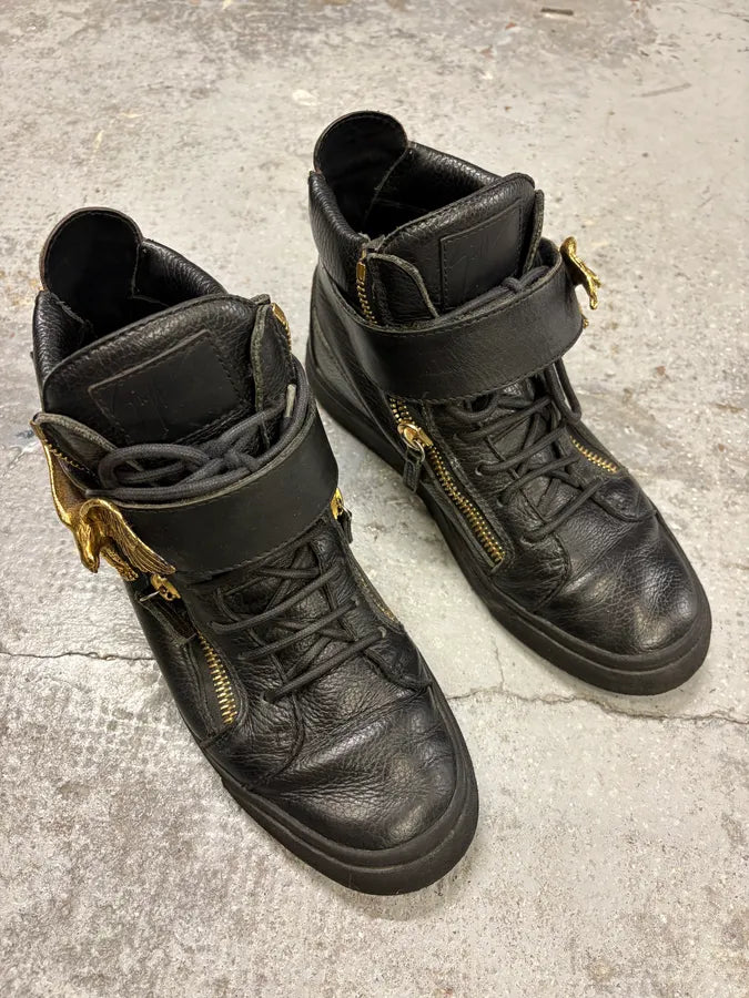 2000s Zanotti Golden Eagle Zip Black Leather High Sneakers RjOtbbT 4