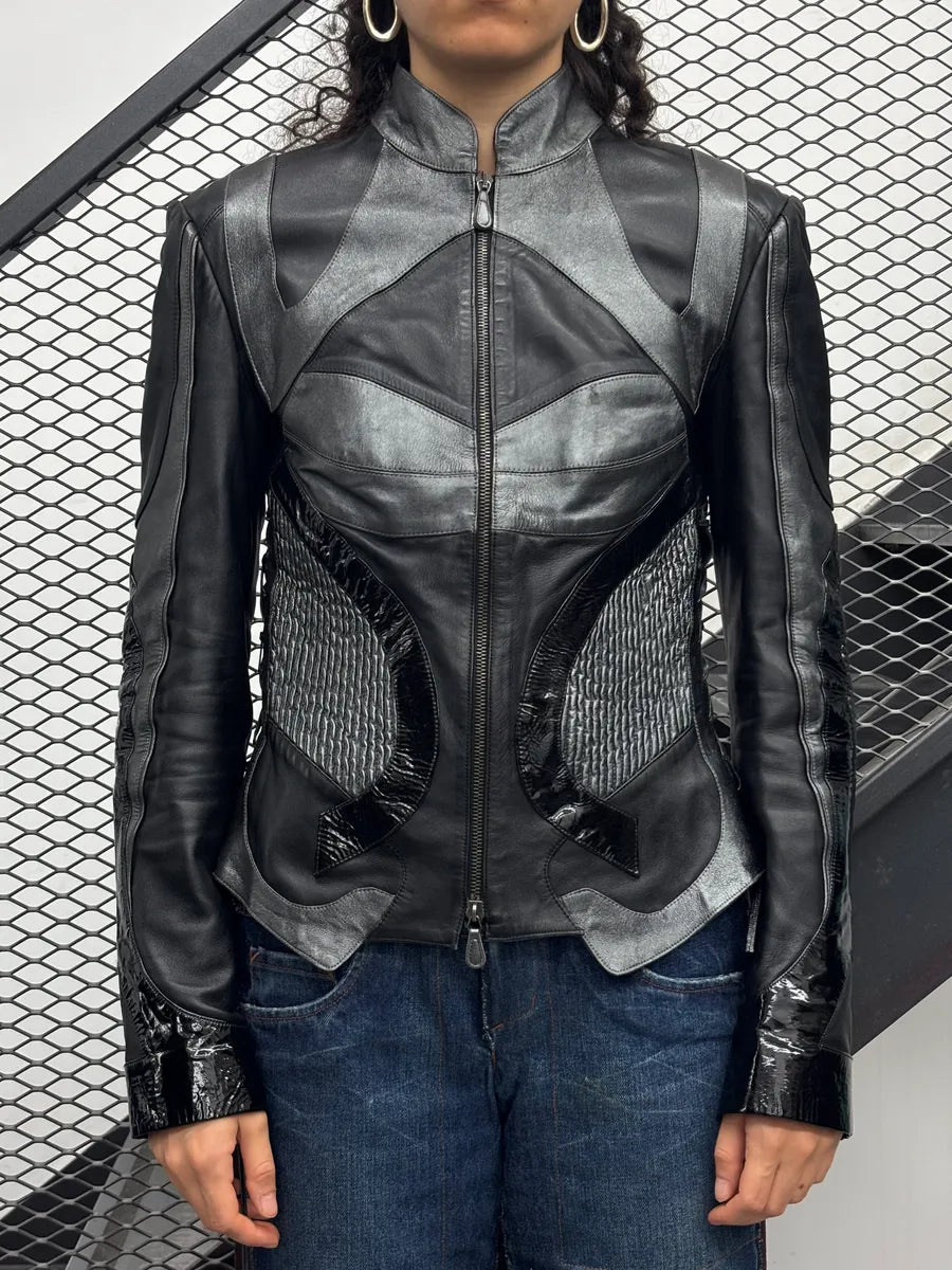 AW2003 Alexander McQueen Scanners Straps Black Leather Jacket dVXrtKt 0