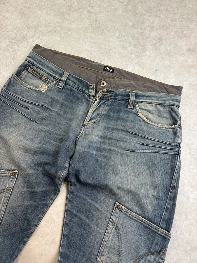 AW2003 Dolce & Gabbana Blue Denim Double Waisted Cargo Jeans qcnVpmS 4