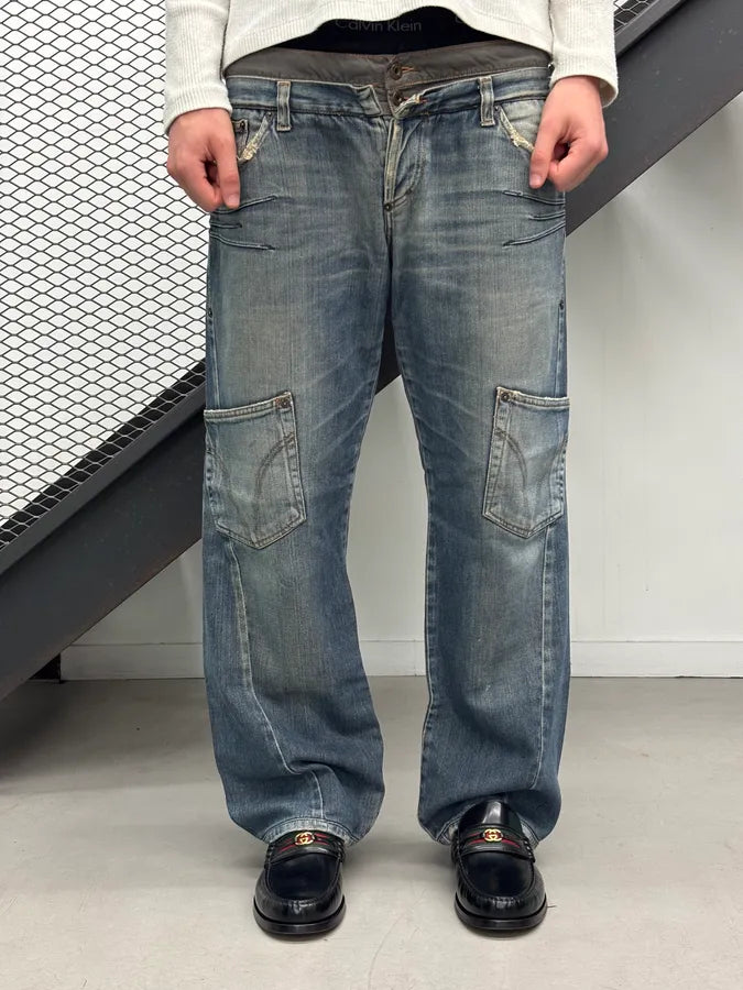AW2003 Dolce & Gabbana Blue Denim Double Waisted Cargo Jeans qcnVpmS 0