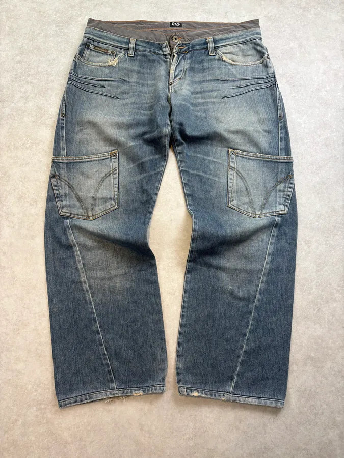 AW2003 Dolce & Gabbana Blue Denim Double Waisted Cargo Jeans qcnVpmS 3