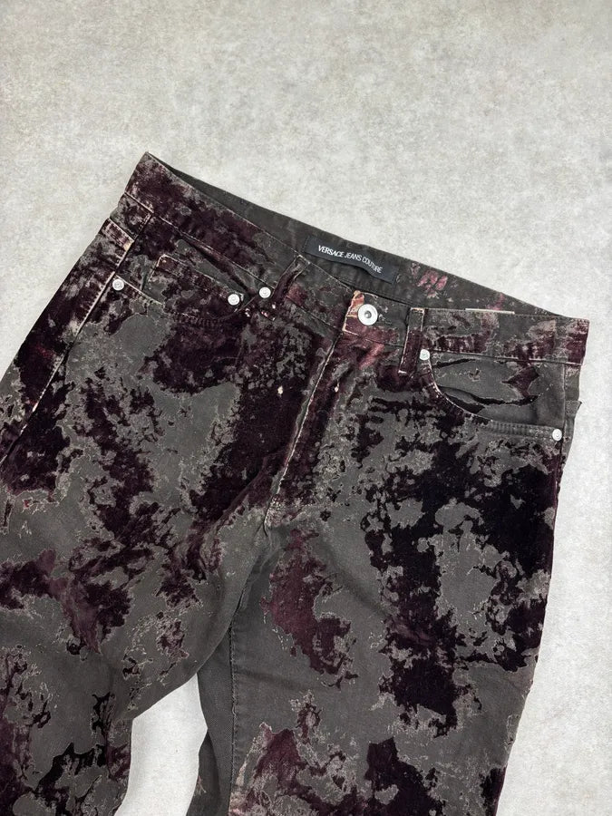 AW2003 Versace Dark Green Red Blood Velvet Distressed Jeans WZWnrAH 4