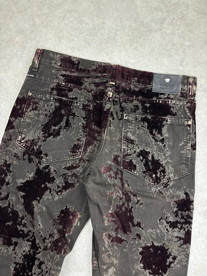 AW2003 Versace Dark Green Red Blood Velvet Distressed Jeans WZWnrAH 6