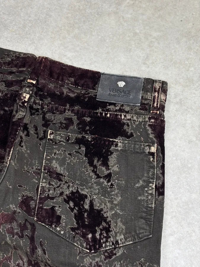 AW2003 Versace Dark Green Red Blood Velvet Distressed Jeans WZWnrAH 7
