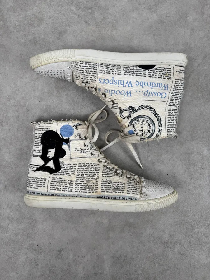 2004 John Galliano White Canvas Newspaper Studded High Sneakers lxMQfOy 1