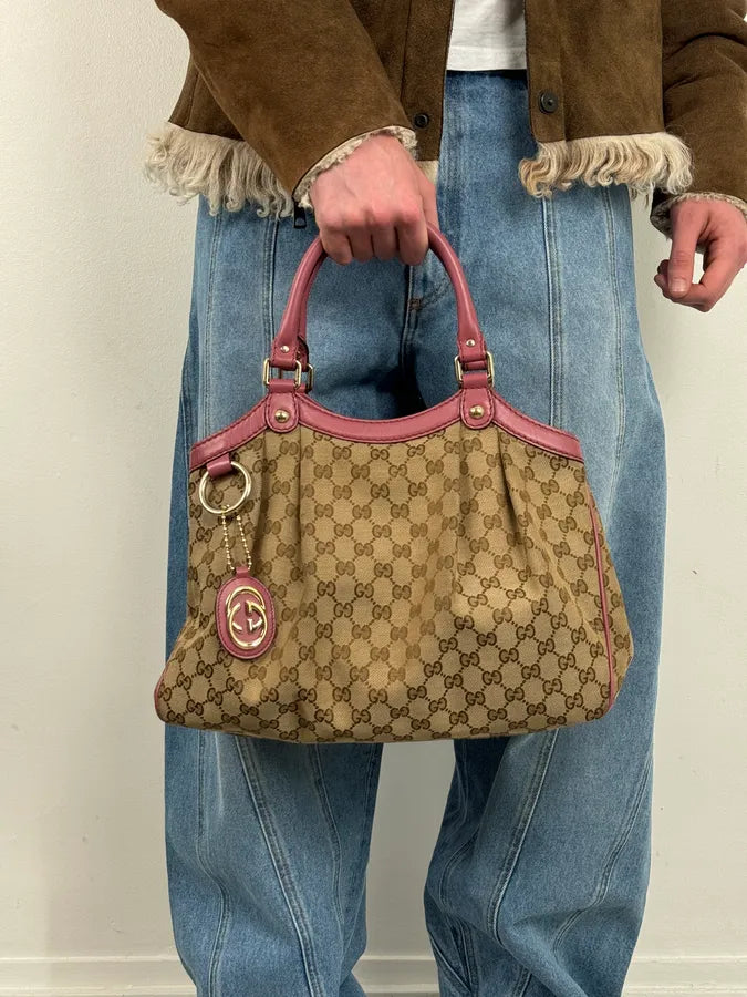 SS2006 Gucci Beige Canvas Sukey Pink Handle Bag foWIvut 3