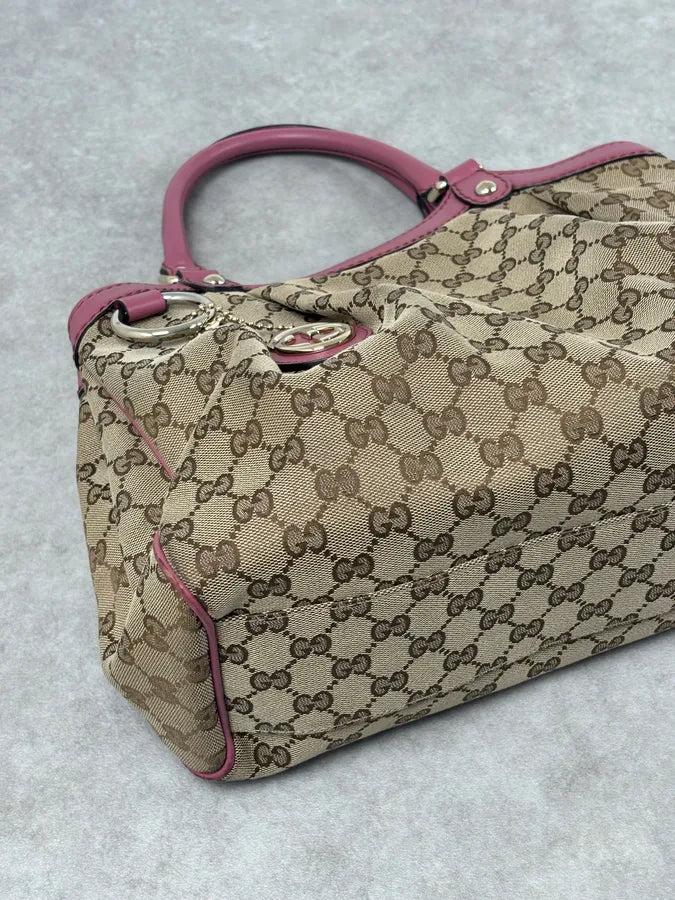 SS2006 Gucci Beige Canvas Sukey Pink Handle Bag foWIvut 5