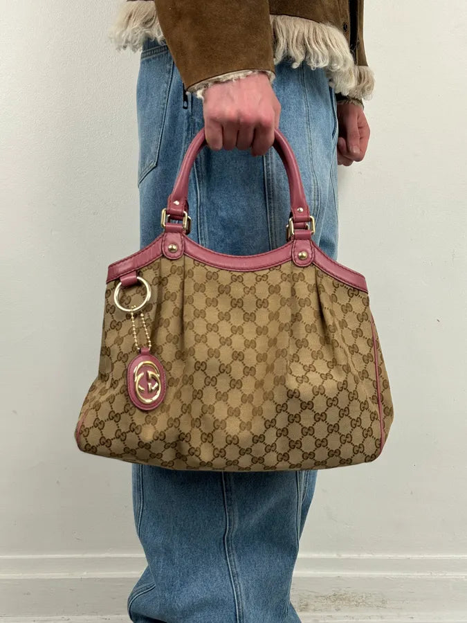 SS2006 Gucci Beige Canvas Sukey Pink Handle Bag foWIvut 1