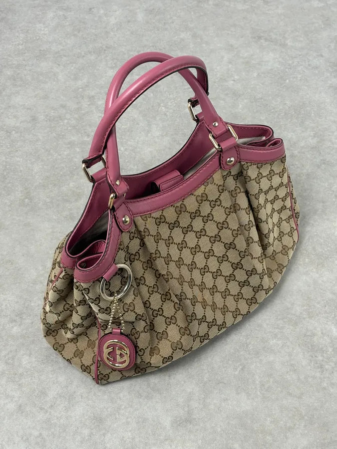 SS2006 Gucci Beige Canvas Sukey Pink Handle Bag foWIvut 4
