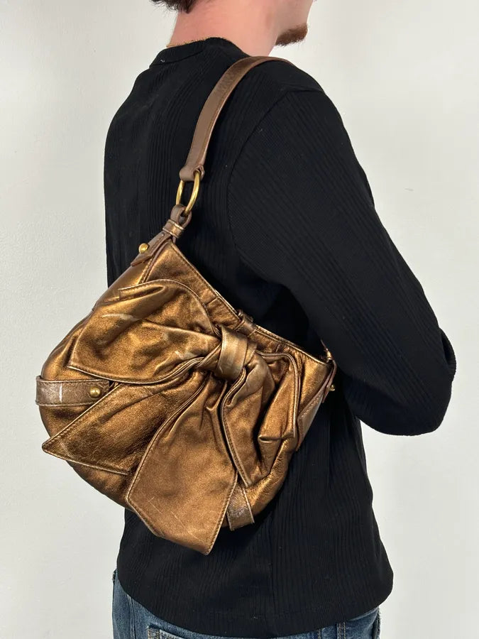 AW2006 Yves Saint Laurent Bronze Leather Bow Shoulder Bag FAUDfxM 2