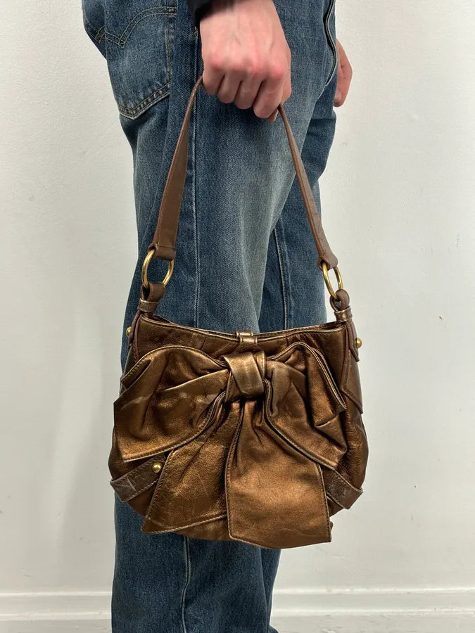 AW2006 Yves Saint Laurent Bronze Leather Bow Shoulder Bag FAUDfxM 1