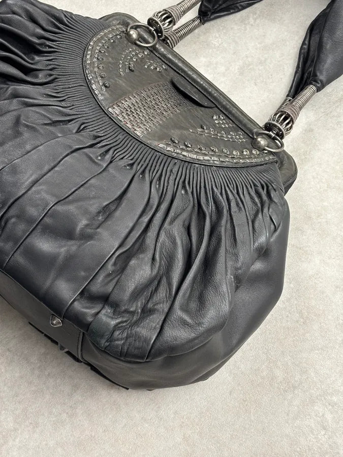 SS2007 Christian Dior Black Leather Pleated Embroidered Handle Bag hpNFOqs 16