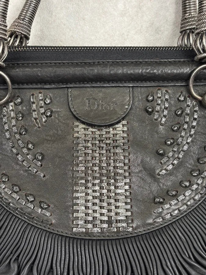 SS2007 Christian Dior Black Leather Pleated Embroidered Handle Bag hpNFOqs 9