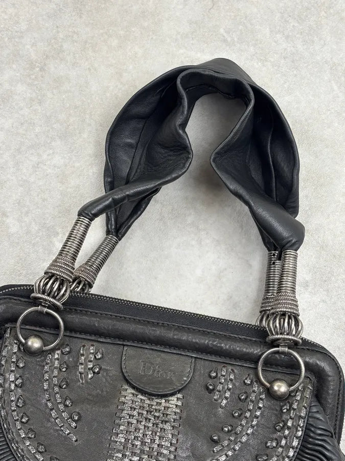 SS2007 Christian Dior Black Leather Pleated Embroidered Handle Bag hpNFOqs 4