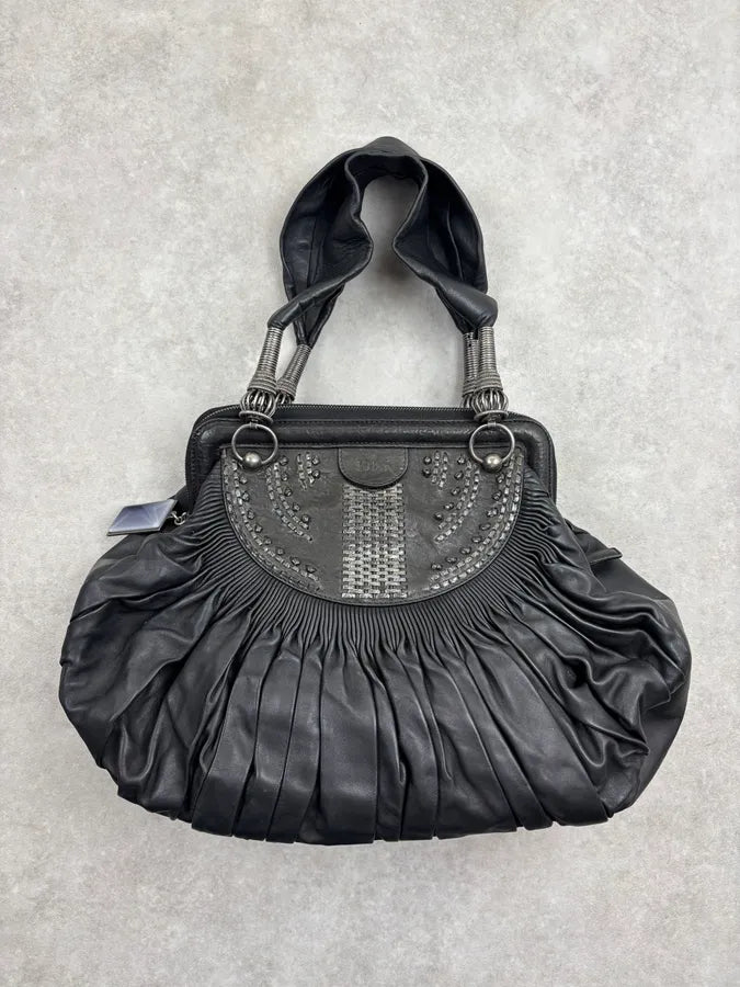 SS2007 Christian Dior Black Leather Pleated Embroidered Handle Bag hpNFOqs 0